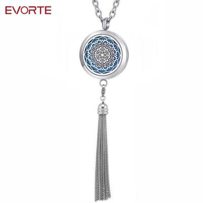 China Fashion Design 30mm Stainless Steel 316L Stainless Steel Aromatherapy Diffuser Jewelry Magnetic Essential Oil Necklace With Tassel for sale