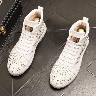 China Fashion Round Toe Rivets Lace Up Trendy High Top Black White Mens Sneakers Fashion Trend Shoes High Quality Designer Breathable Sneakers for sale