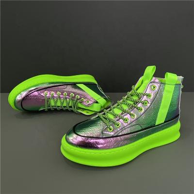 China CUSHIONING Unique Green Sneakers Thick High Quality Casual Sneakers High Top Breathable Flourscent Toe Men Unisex Lace Up Shoes Round Top for sale