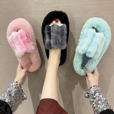 China Lovely plush fashion trend women slippers stripe soft flat warm comfortable flurry simple flat fur indoor home slippers for women for sale