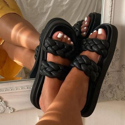 China Fashion Trend Platform Women's Slippers Black Heel Flat Slides Shoes Sandals Open Toe Women Large Size Double Band Shoes for sale