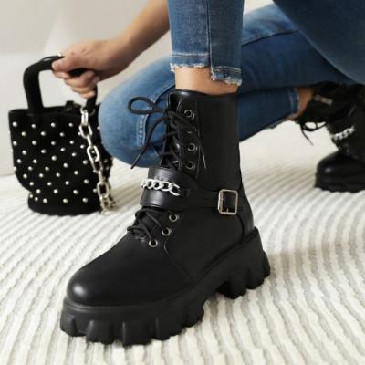 China High Quality Winter Waterproof Martin Boots For Women Round Toe Lace Up Buckle Shoes Women's Black Leather Combat Boots for sale