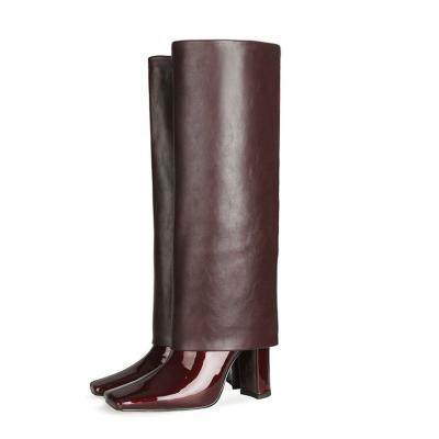 China Chengdu Women's Thermal Boots Patent Leather Square Toe Shoes Chunky High Heel Winter Knee High Boots For Ladies Plus Size 45 for sale