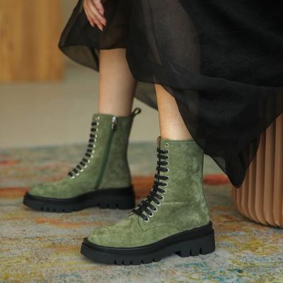 China Fashion Unique Women's Platform Women's Martin Boots Round Toe Thick Green Color Thermal Suede Ankle Boots for sale