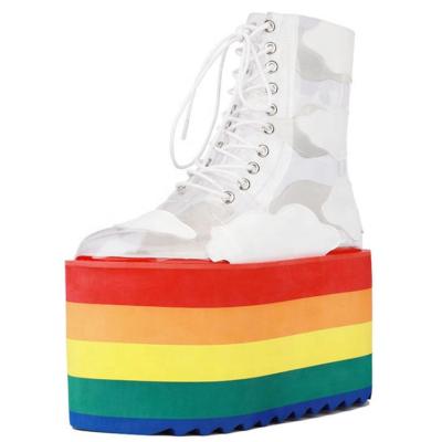 China Deodorization Round Toe Platform High Heel Women Rejects Unique Thick Rainbow Women Waterproof Shoes 45 Large Size Lady Ankle Boots for sale