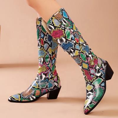 China 2020 Fashion Breathable Women Pointed Toe The Knee High Boots High Quality Slip On Low Heel Shoes Snakeskin Women Booties for sale