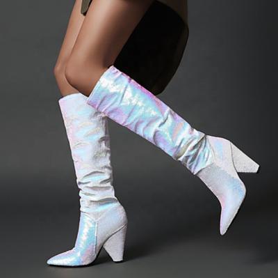 China Ladies Long Boots Breathable Sequin Fabric High Heel Wedge Slip Over Knee High Boots Pointed Toe Spike Heel Women Fancy Shoes for sale