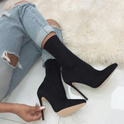 China Wholesale Price Winter Anti-slippery Toe Women Half Knee High Pointed Toe Boots Mid Heels Solid Black Elastic Fabric Stiletto Calf Boots for sale