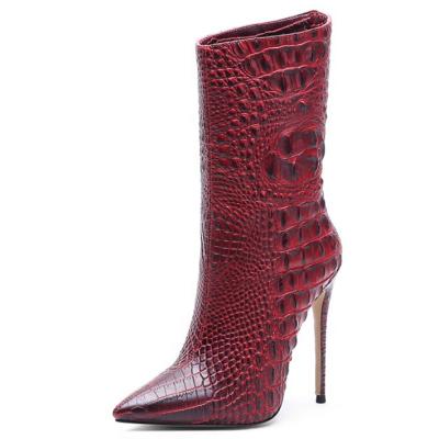 China Women's Stiletto Heel Half Knee 45 Stiletto Calf Boots Pointed Toe Plus Size Custom Made Waterproof Tall Mid High Crocodile Print Boots For Ladies for sale