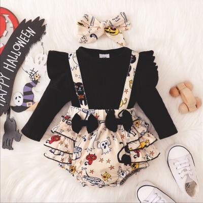 China Breathable Halloween Baby Clothes Sets Newborn Girls Rompers Long Sleeve Lace Pumpkin Print Romper for sale