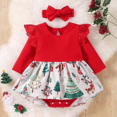 China Breathable One-Piece Overall Cartoon Print Baby Lace Romper Headband Print Christmas Baby Skirt Long Sleeve Romper for sale