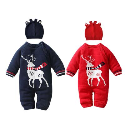 China Breathable Christmas Reindeer Jacquard Baby Jumpsuit Knitted Sweater Plus Thick Velvet Side Loop Baby Romper for sale