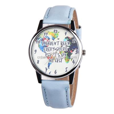 China New Non-specific Watches Women Fashion Watercolor Map Watch World Map Watch Traveler Birthday Gift Leather Watches for sale