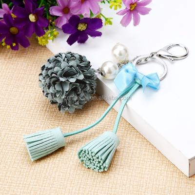 China Lady's Key Chains Car Tassel Leather Keychains Bag Ornaments Key Chains Creative Flower Cloth Fashion Charm Flower Tassel Leather Ornaments Key Chain for sale