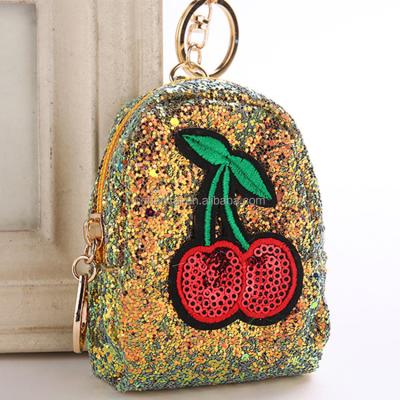 China Cherry Keychain Mini Coin Purse Key Chain Glitter Pompom Sequins Key Ring Gifts Llaveros Mujer Bag Leather Cute Accessories Charms for sale