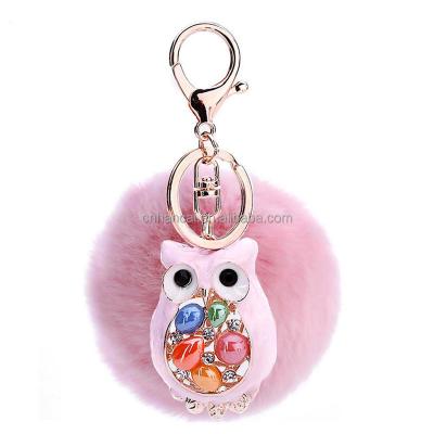 China Crystal Rhinestone Rabbit Fur Plush Owl Key Chain Fluffy Pompom Bag Charm Artificial Fur Pompoms Ball Key Chain Key Chain for sale