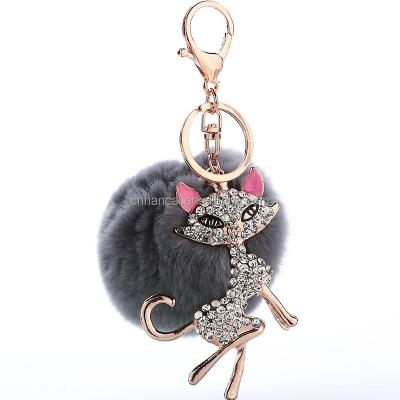 China Cute Cat Car Key Chain Ring Women Purse Pom Pom Jewelry Cat Pompom Keychain Cats Plush Fashion Puff Fluffy Ball for sale