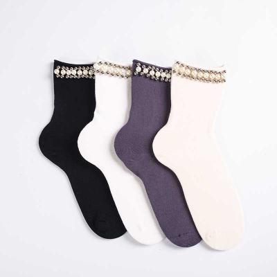 China Simple Original Creative Breathable Pearl Socks Ladies Crews Custom Tube Women Cotton Sock OEM Luxury Socks Dress No Minimum Wholesale for sale