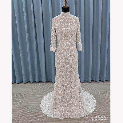 China Anti-Static Simple Lace Mermaid Latest Long Sleeve Wedding Dress Bridal Gowns With Train for sale