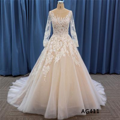 China Anti-Static Luxury Bateau Neck Long Sleeve Ball Gown Ivory Wedding Dress for sale