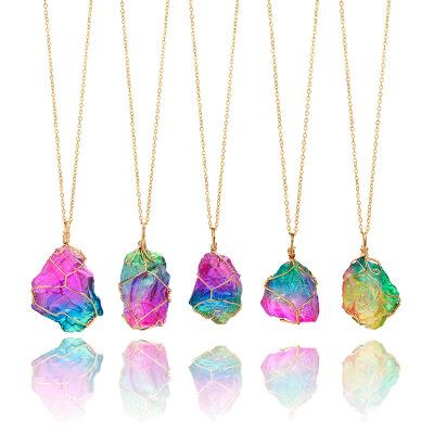 China Fashion E614 Irregular Gold Quartz Chain Necklace Shape Chakra Rhinestone Rock Necklace Colorful Natural Stone Pendant Necklace for sale