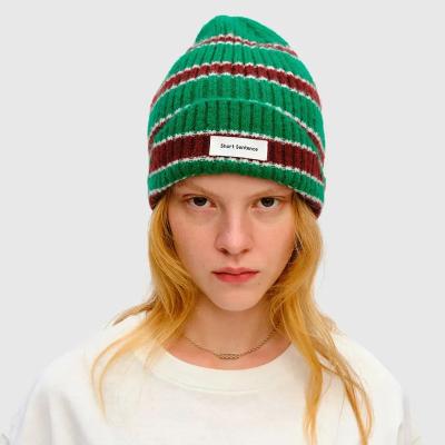 China CL413 Autumn Winter Women's COMMON Hat Hearing Protection Striped Wool Patch Knitted Ribbed Hat Ladies Knit Beanie Hats for sale