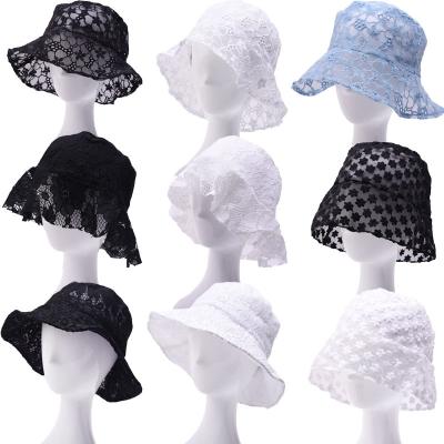 China Image E1352 Women Summer Beach Sun Travel Fisherman Hat White Breathable Peach Blossom Lace Piercing Bucket Hats for sale