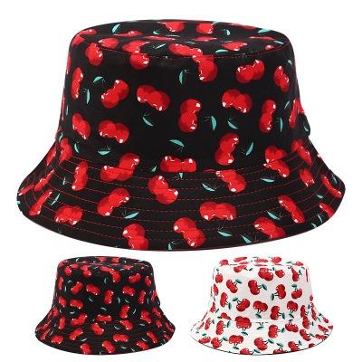 China Image D1222 Women Girls Summer Beach Hat Sun Visor Cherry Printed Fisherman Hats for sale