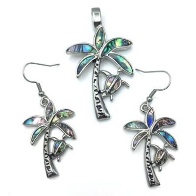 China 2022 Fashion Lead Free Nickel Free Personalized Coconut Tree Abalone And Stainless Steel Earrings Pendant Jewelry Set For Ladies for sale