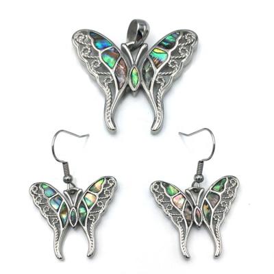 China New Style Abalone Jewelry Set Wholesale Lead Free Handmade Ladies Butterfly Necklace and Earrings Stainless Steel for sale