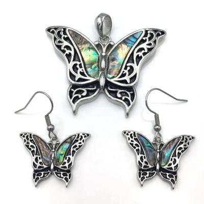 China 2022 Lead Free Nickel Free New Style Customize Butterfly Necklace and Earrings Stainless Steel Abalone Jewelry Set for sale