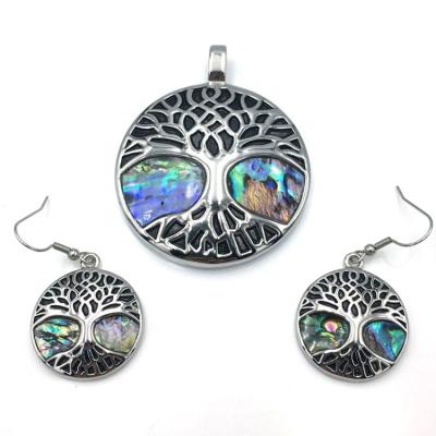 China New Model Wholesale Lead Free Nickel Free Handmade Ladies Necklace and Earrings Stainless Steel Tree of Life Abalone Jewelry Set for sale