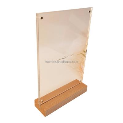 China T-Shaped Acrylic Stand Wooden Base Elegant Desktop Display|Logo Etched Base Sheet Magnet Wood Thin Acrylic Photo Frame for sale