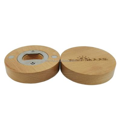 China Round Shape Sustainable Wooden Coasters Bottle Opener Fridge Magnet Decoration Beer Opener for sale