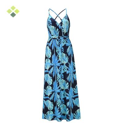 China Anti-Static Summer Printed Floral Women's Dresses Asymmetric V-Neck Sleeveless Maxi Sling Dress Casual High Waist Dress for sale