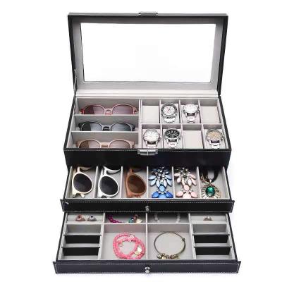 China Handmade Three-layer multi-functional large-capacity dustproof jewelry storage box, watch, glasses, jewelry box for sale