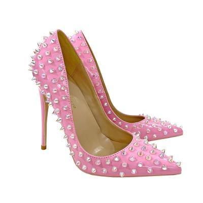 China Size Increasing New Wholesale New French High Heel Shoes With Pointed Main Pumps Pink Rivet Shoes Heel Women's Zapatos Shoes for sale