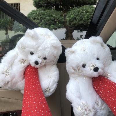 China Fashion Trend Bedroom Slips Cute White Christmas Teddy Bears Ladies Limited Edition Winter Indoor Fur Bling Slippers for sale