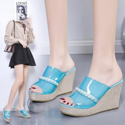 China 2021 Breathable Voluminous Transparent Heeled Women Slippers Sandals Clear Wedge Cheaper High Wholesale Prices For Ladies for sale