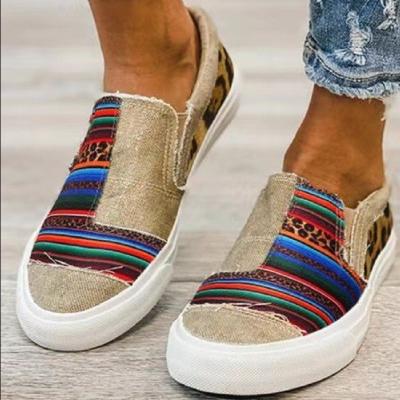 China Fashion Trend Custom Made Slip On Sneakers Leopard Rainbow Patchwork Striped Canvas Shoes For Women for sale