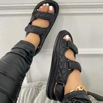 China Fashion Trend White Black Plaid Open Round Toe Hook And Loop Band Sandals Women Summer Shoes Flat Gladiator Slippers for sale