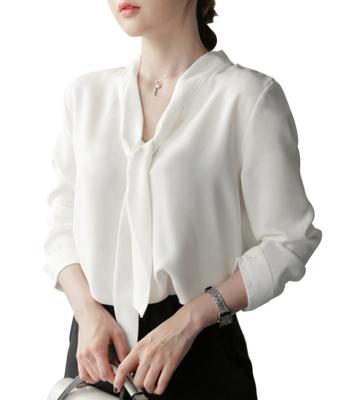 China 2022 New Spring Anti-wrinkle Fashion V-Neckline Long Sleeves Pullover Bow Tie Casual Simple Office Formal Elegant Chiffon Women's Shirt Blouse for sale