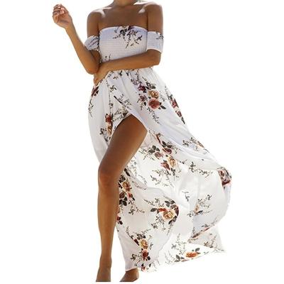 China Anti-wrinkle 2022 New Spring Fashion Wedding Party Pleated Floral Print Chiffon Off The Shoulder Split Women Maxi Beach Dresses for sale