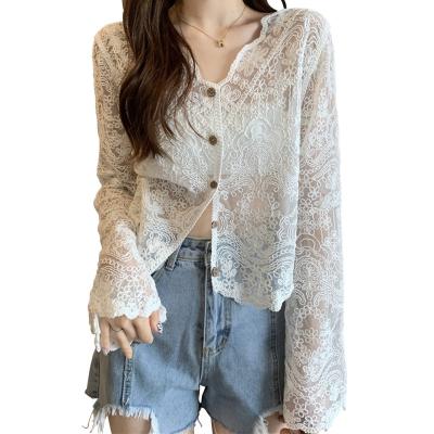 China 2022 New Fashion Anti-wrinkle V-neck Tulle Long Sleeve Tulle Women's UV Air Conditioning Lace Cut Out Cardigan Sexy Cute Flare Women for sale