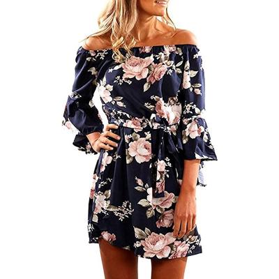 China 2022 New Anti-Wrinkle Spring Fashion Women Off The Shoulder Ruffles Party Floral Casual Shift Short Tunic Dress for sale