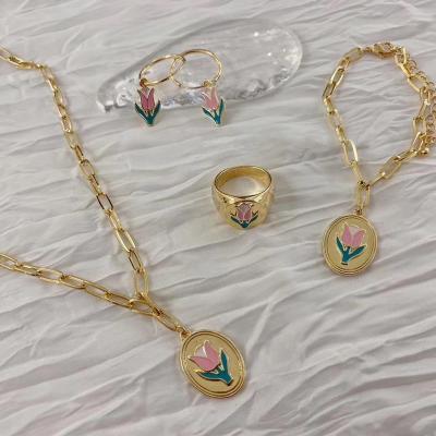 China OUYE Tulip Flower Couple Alloy Necklace Bracelet CLASSIC Earrings Ring Hairpin Simple and Elegant Female Jewelry Set for sale