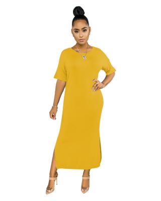 China 2021 New Women's Anti-Wrinkle Skirt Casual Explosive Multicolor High Stretch Split Round Neck Long Dress for sale