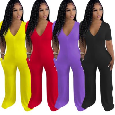 China Multicolor Dark Waterproof Solid Color V-Neckline Fashion Sweeping Wide Leg Overalls For Woman for sale