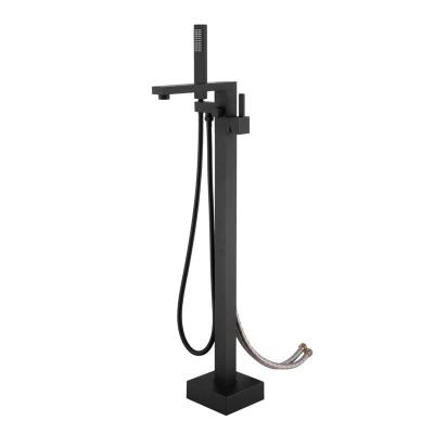 China Without Sliding Bar Modern Design Single Handle Floor Stand Black Freestanding Tub Faucet Matte Black Bath Shower Faucet With Hand Shower for sale