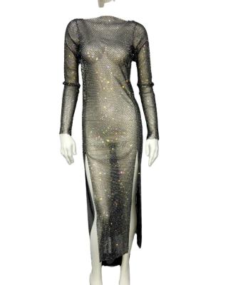 China Anti-wrinkle New Flash Drill Fishnet Sexy Sheath Mesh Rhinestone Long Dress for sale